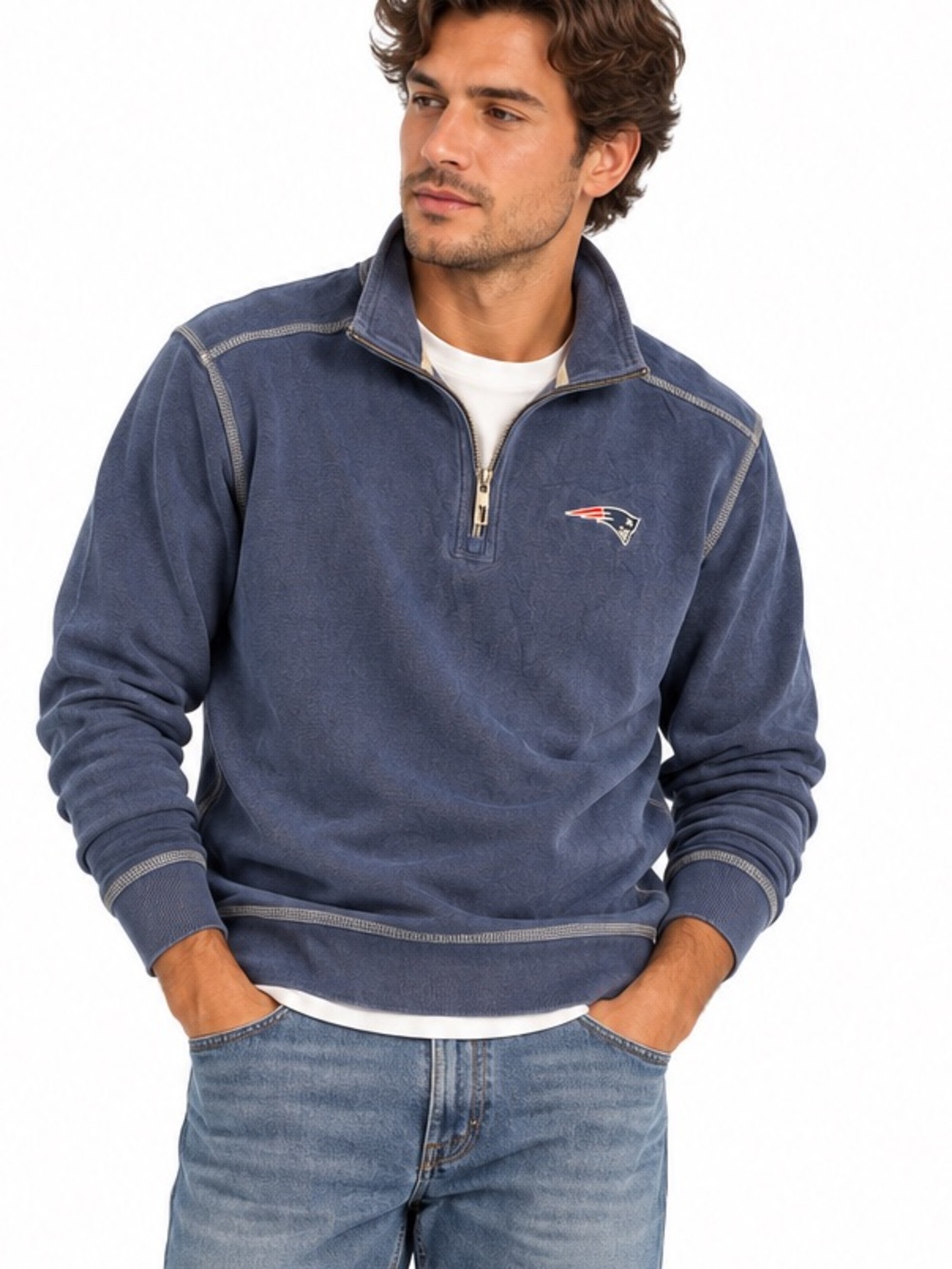 Tommy Bahama New England Patriots 3XLT Quarter Zip Pullover Navy Tencel NFL